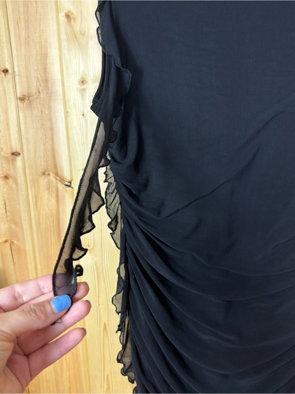 Black Ruched Mesh Ruffle Fairy Goth Midi Dress 1X Whimsy Grunge Dark Romantic - Picture 5 of 12